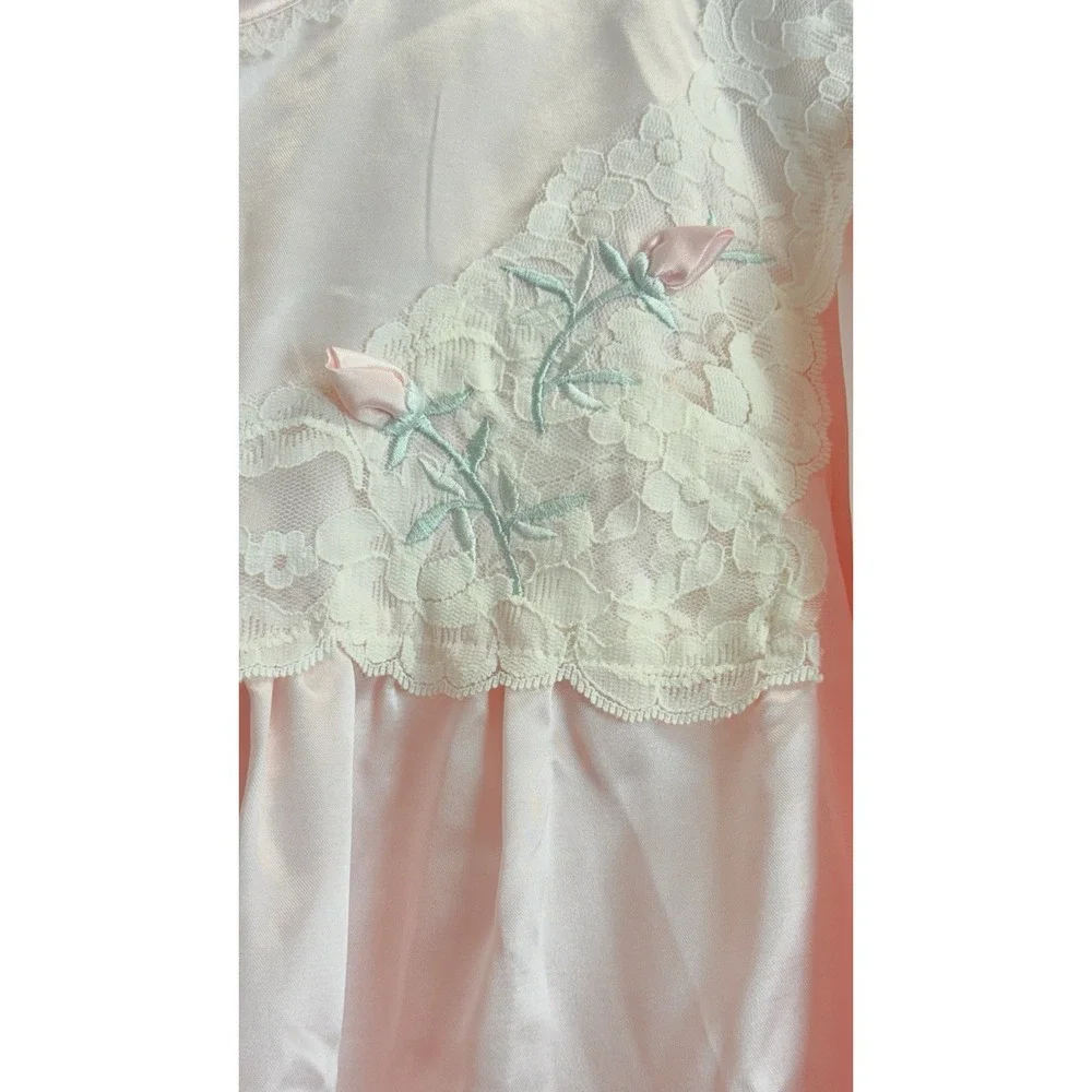 NEW Amanda Stewart Womens M Brushed Satin Pajama Set Floral Embroidery Lace Pink